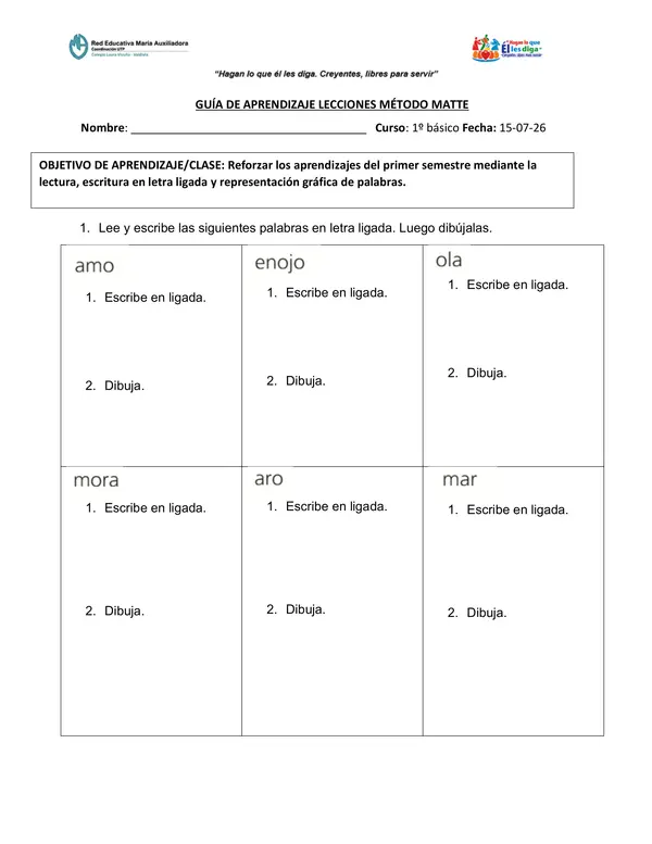 Guía lecciones ojo, mamá, mano, lana, loro método matte