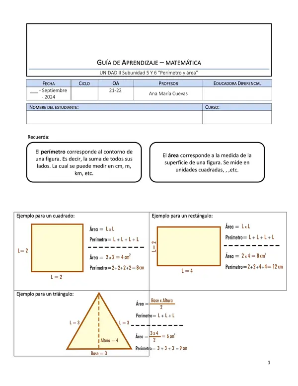 Guía perímetro y área cuadrado, rectángulo y triángulo 5°- 6° -7°