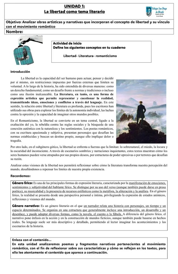 guía de aprendizaje "unidad 1: la libertad como tema literario" 1EM