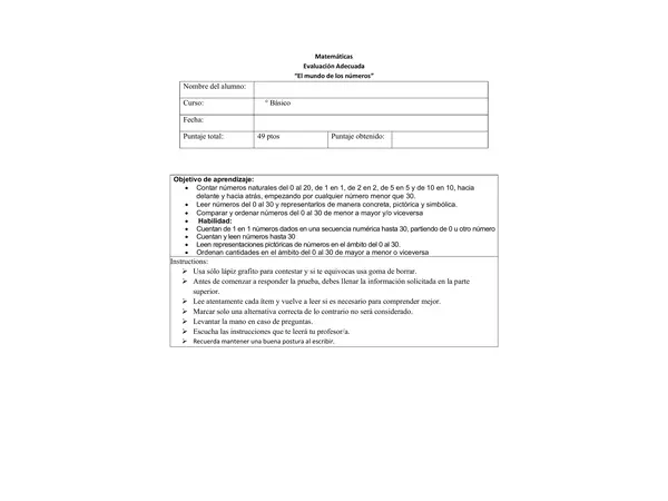 evaluación de Matematicas ADECUADA números 0 - 30 