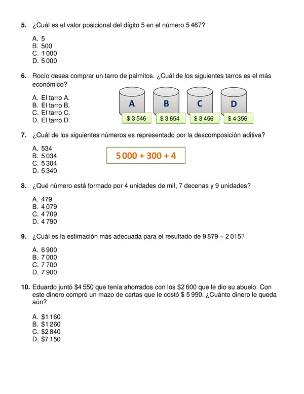 Evaluación "Números hasta 10 000" 4° año básico.