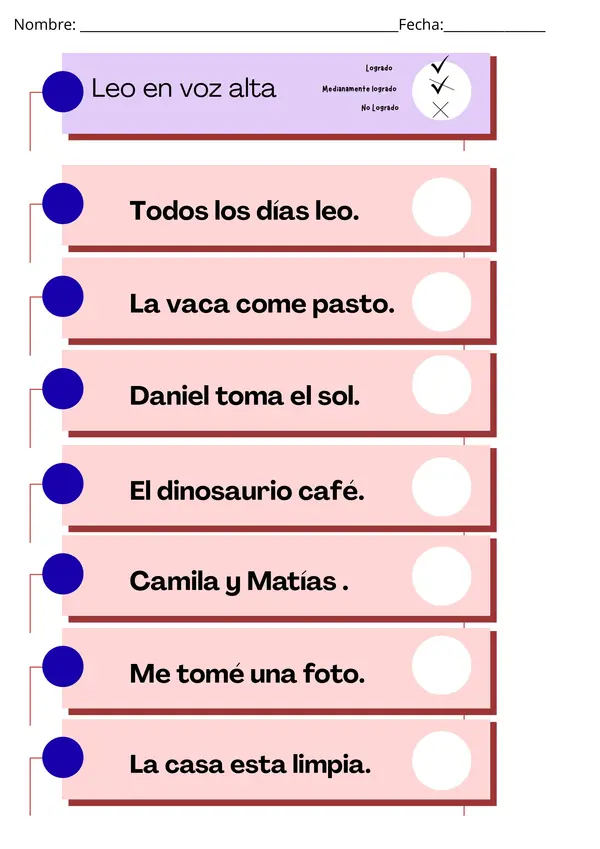 Control de lectura de oraciones en voz alta m ,s, l , p , d , n , t, v, c ,f 