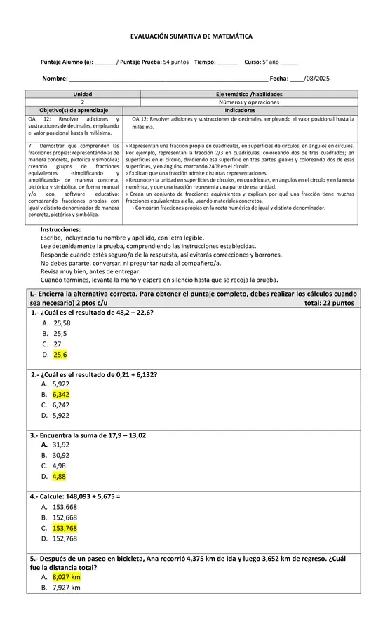 Evaluación de decimales y fracciones