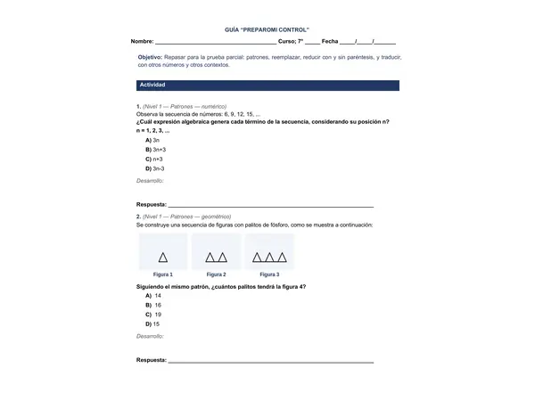 Guía de Repaso: Preparo mi Control de Álgebra y Patrones (7° Básico)