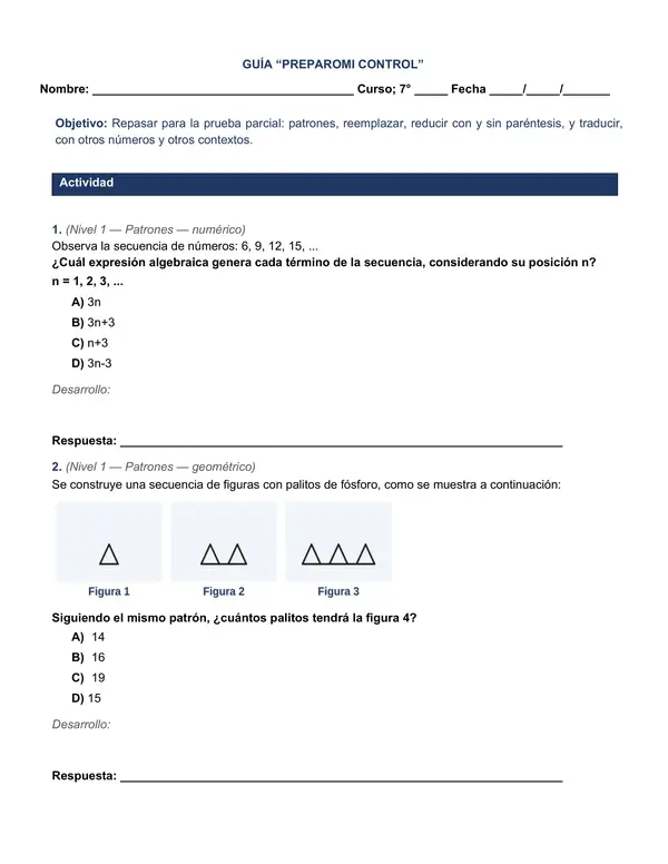 Guía de Repaso: Preparo mi Control de Álgebra y Patrones (7° Básico)