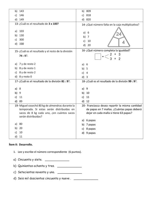 Evaluación 4to básico Inicial (preguntas tipo SIMCE)