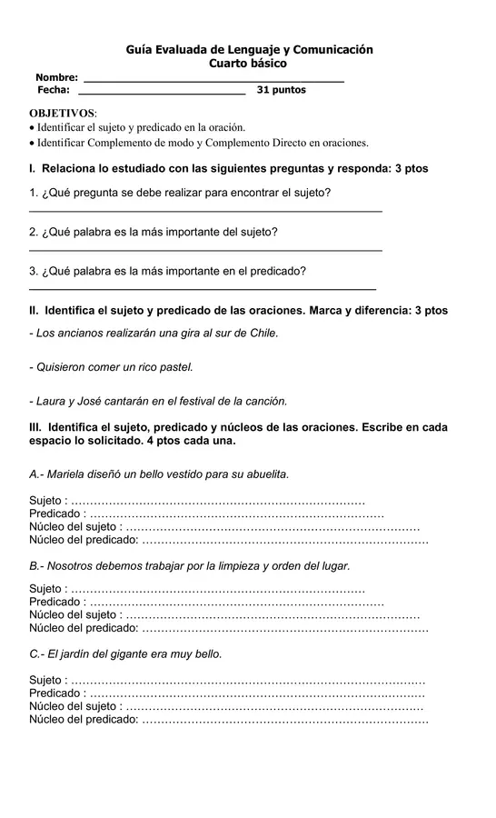 Guía de Sujeto y Predicado