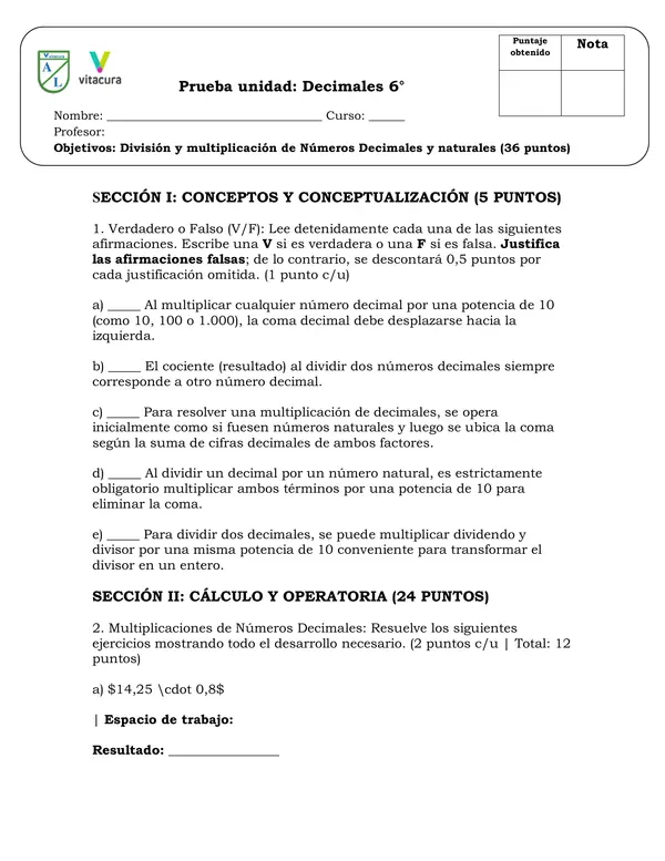 Prueba multiplicación y división de decimales 6to