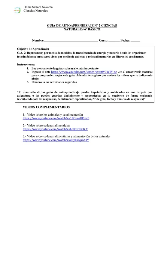 Guía de Autoaprendizaje - Ciencias Naturales 6° básico