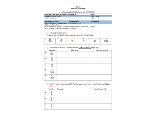 Evaluación de matemáticas 5°