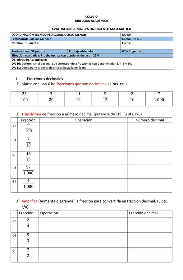 Evaluación de matemáticas 5°