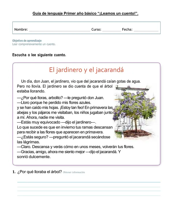 Guía de lenguaje 1°-2° año básico "Lectura y comprensión de un cuento".