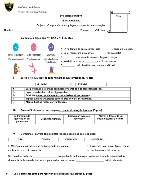 Evaluación comprensión de mitos y leyendas