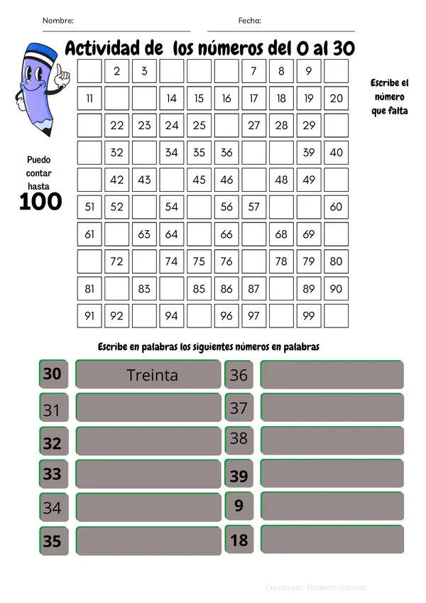 Actividad de matemática de los números del 0 al 39 