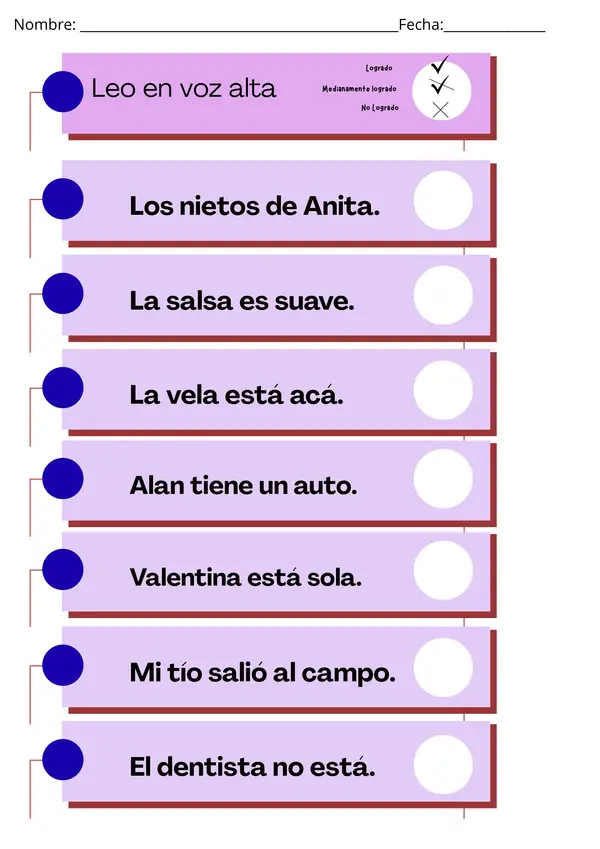 Control de lectura de oraciones en voz alta m ,s, l , p , d , n , t, v, c ,f 