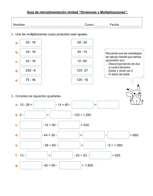 Guía 4°año "Retroalimentación; Divisiones y Multiplicaciones"