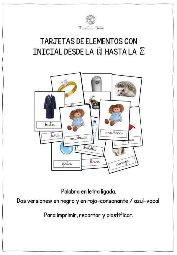 Tarjetas de elementos con inicial A-Z. Ligada.