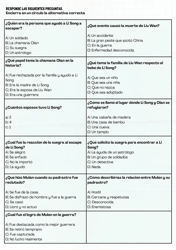 Actividad repaso libro "Li Song, mujer china"