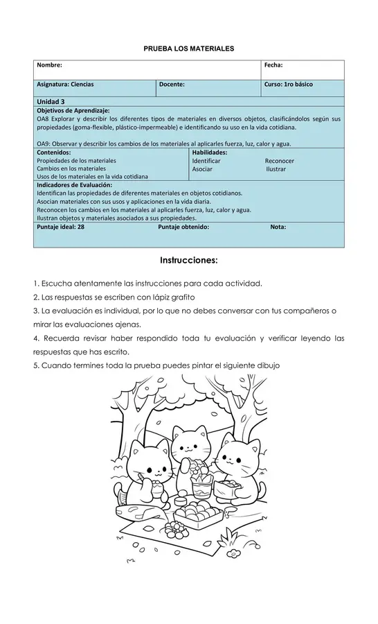 Prueba Unidad 3 Ciencias 1ro Básico