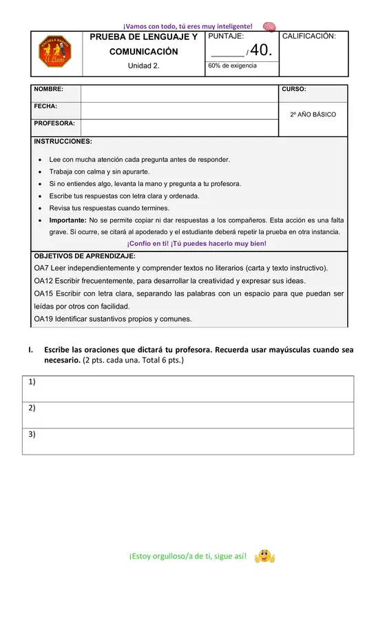 Prueba de Lenguaje segundo básico Unidad 2