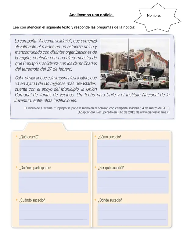Guía lenguaje e historia 4°año "Analicemos una noticia".