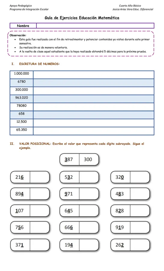 Guía de Refuerzo contenido Matemática Cuarto año básico 