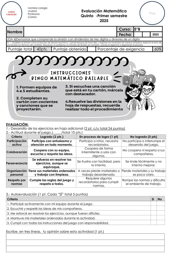 Evaluación Matemática 5° Básico – División con Juego y Autoevaluación – OA 4