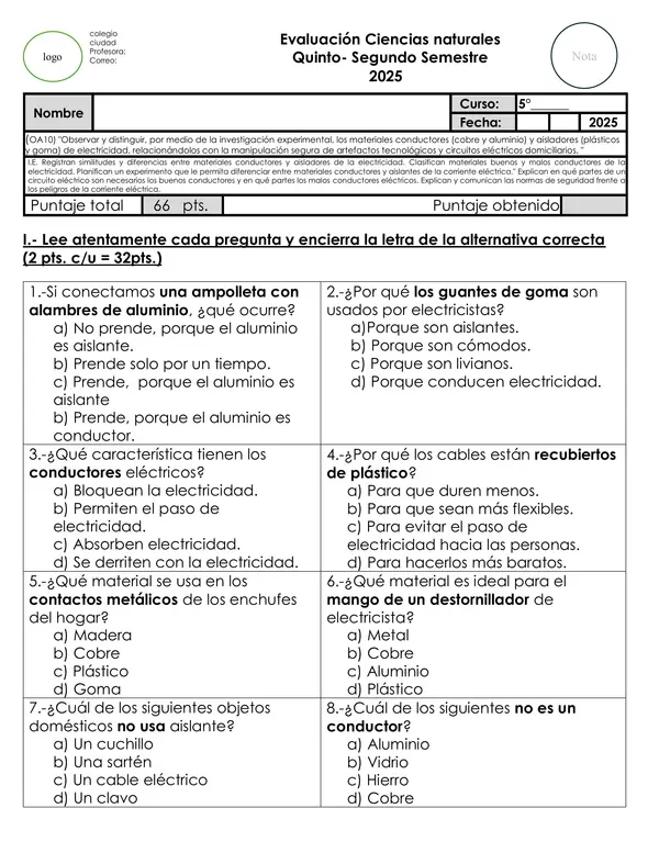 Evaluación Ciencias Naturales – Conductores y Aislantes de Electricidad (5° Básico)