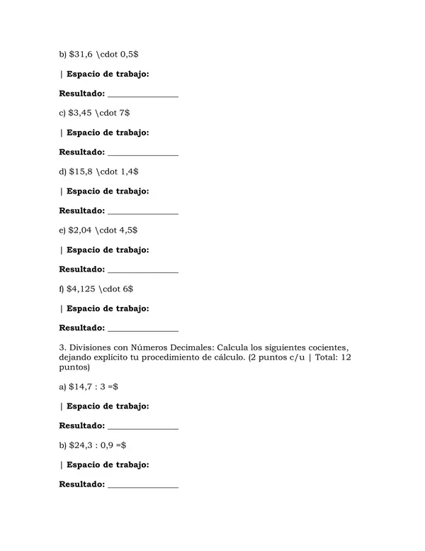 Prueba multiplicación y división de decimales 6to