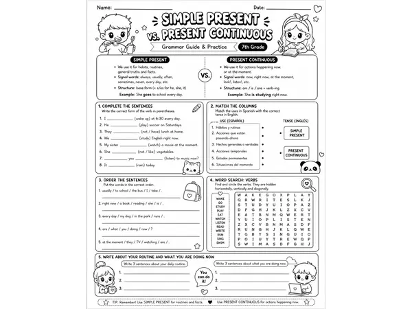 Guía Práctica: Simple Present vs. Present Continuous (7th Grade)