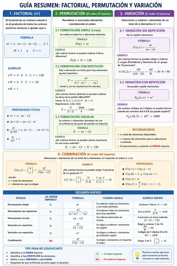 Resumen factorial, permutación y variación
