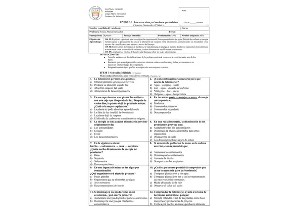 Evaluación sumativa, ciencias 6° básico unidad 1