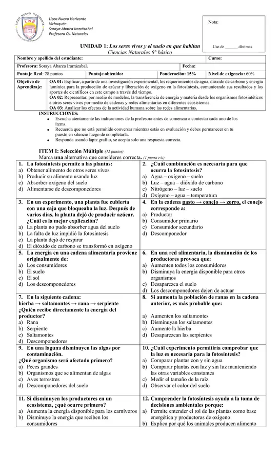 Evaluación sumativa, ciencias 6° básico unidad 1