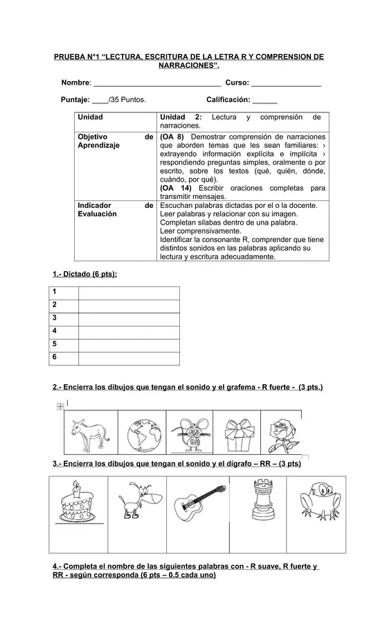 Evaluacion Lenguaje Primero basico UNIDAD 2, NARRACIONES Y LETRA R (JULIO