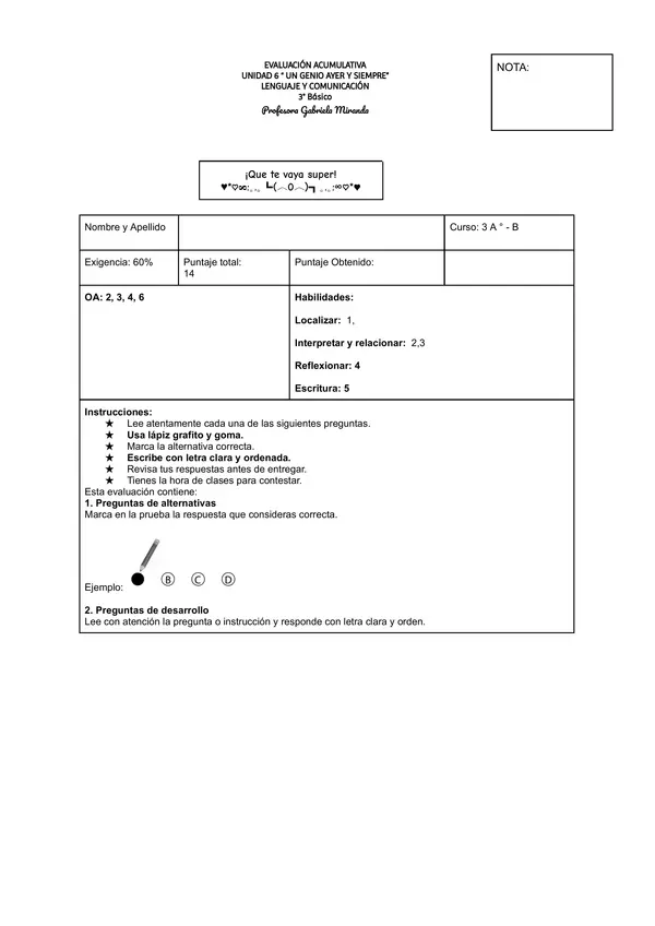 EVALUACIÓN ACUMULATIVA LENGUAJE 3º BÁSICO 