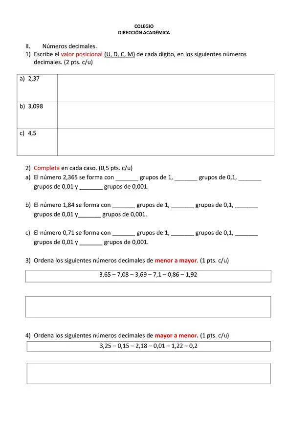 Evaluación de matemáticas 5°