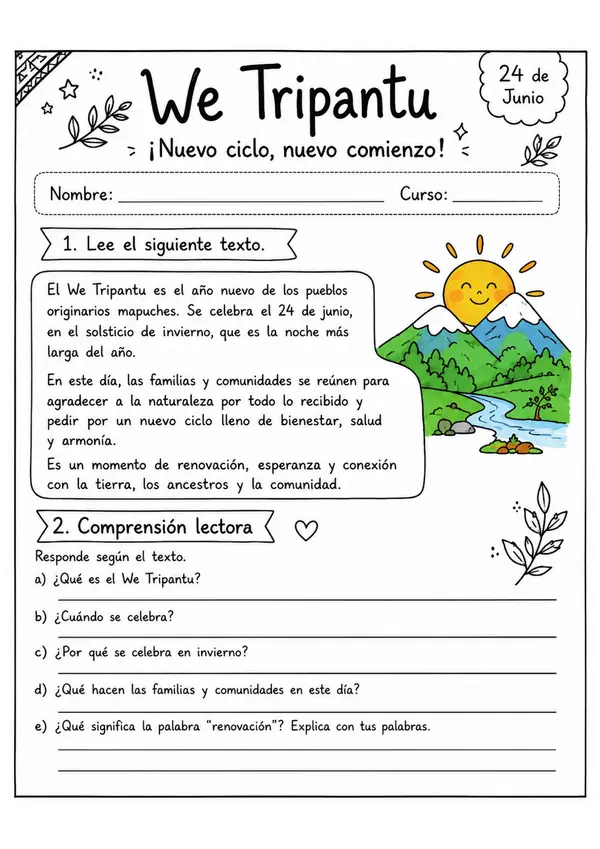 We Tripantu: Comprensión lectora y actividades de escritura