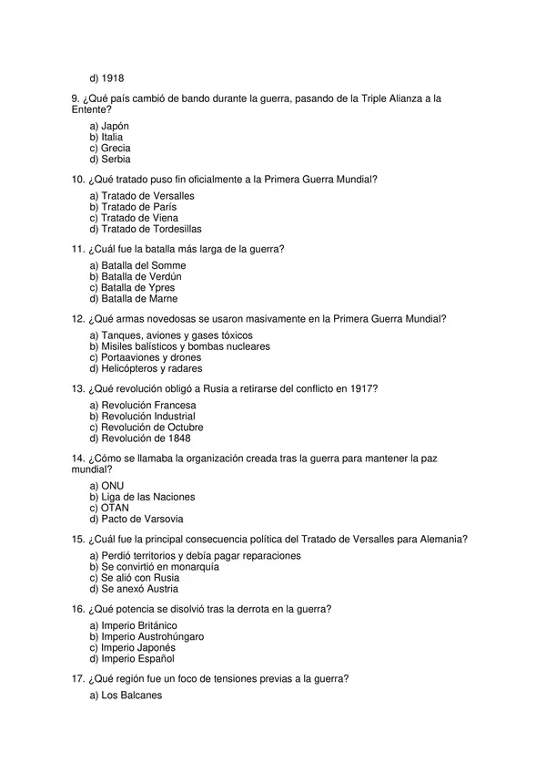 Evaluación primera guerra mundial 
