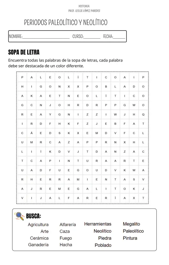 Sopa de letras periodos paleolítico y neolítico 