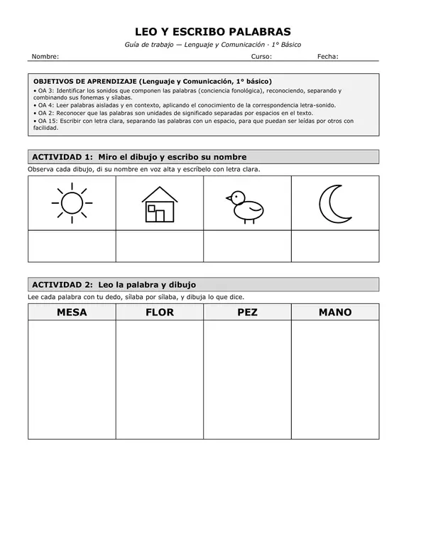 Leo y escribo palabras: guía de lectoescritura 1° básico