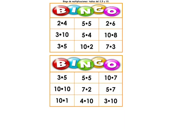 Bingo de multiplicaciones (tablas del 2, 5 y 10)