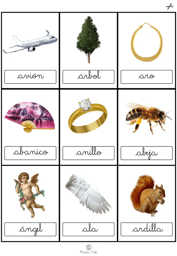 Tarjetas de elementos con inicial A-Z. Ligada.