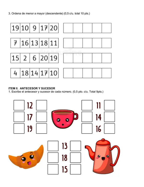 Evaluación matemática hasta el 20