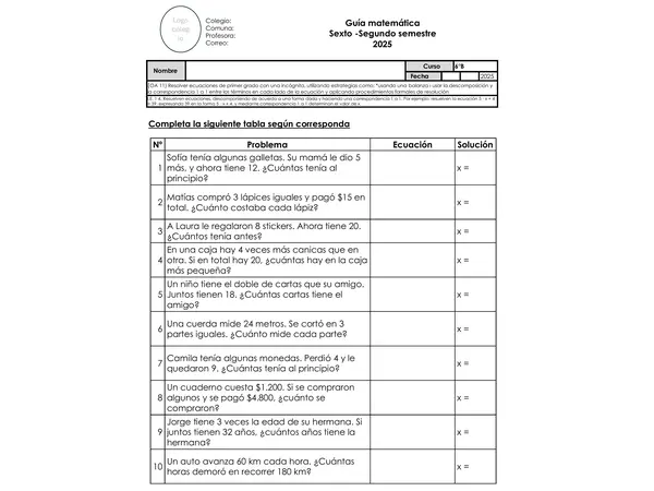 Guía de ecuaciones de primer grado – Matemática 6° básico (2° semestre)