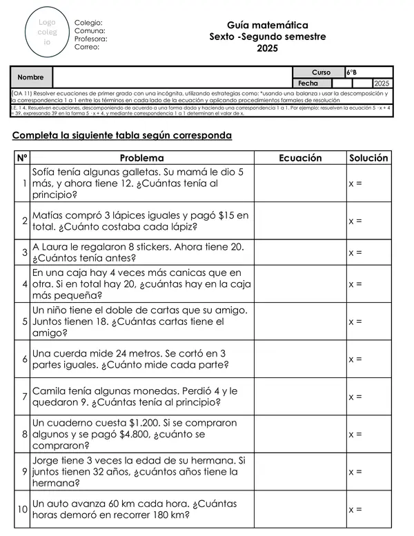Guía de ecuaciones de primer grado – Matemática 6° básico (2° semestre)