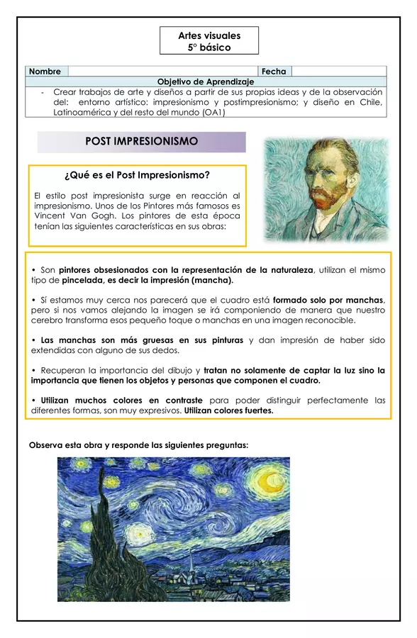 Artes visuales - Post Impresionismo- 5° básico