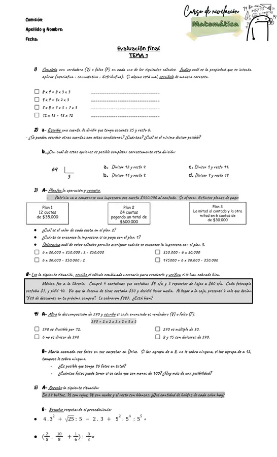 Evaluación de matemática 