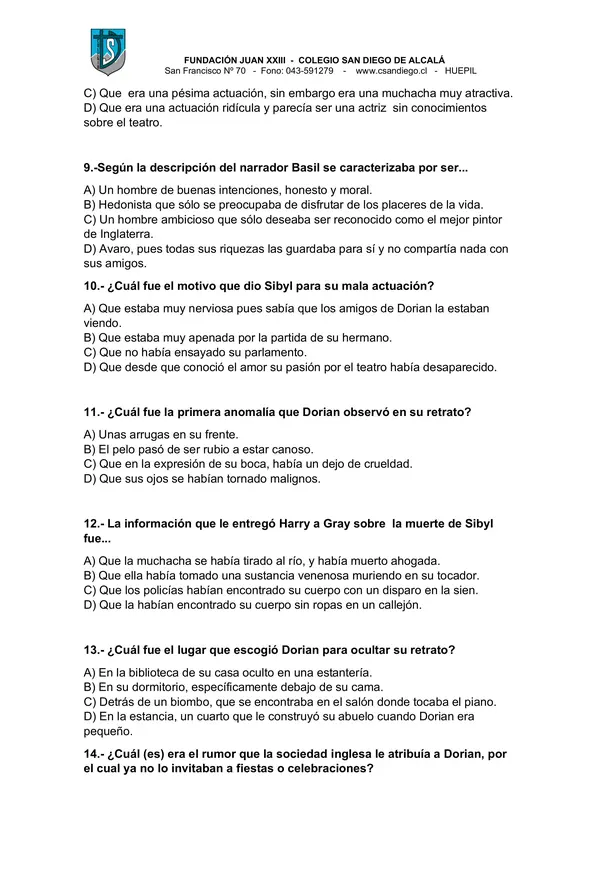 Control de lectura "El retrato de Dorian Grey"