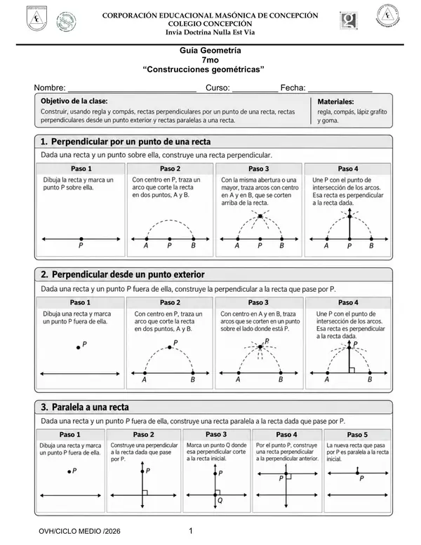 Guía Matemática 7° Básico | Construcciones geométricas con regla y compás