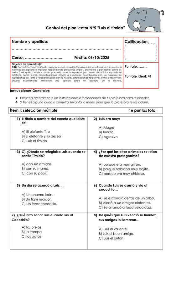 Evaluación de libro "Luis el Timido"